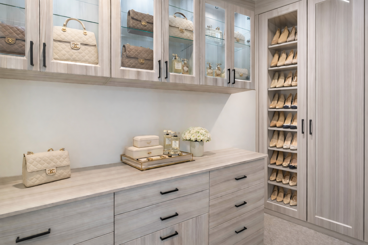 walk-in closet-design Image of a custom closet styled for drawers inside closet design.