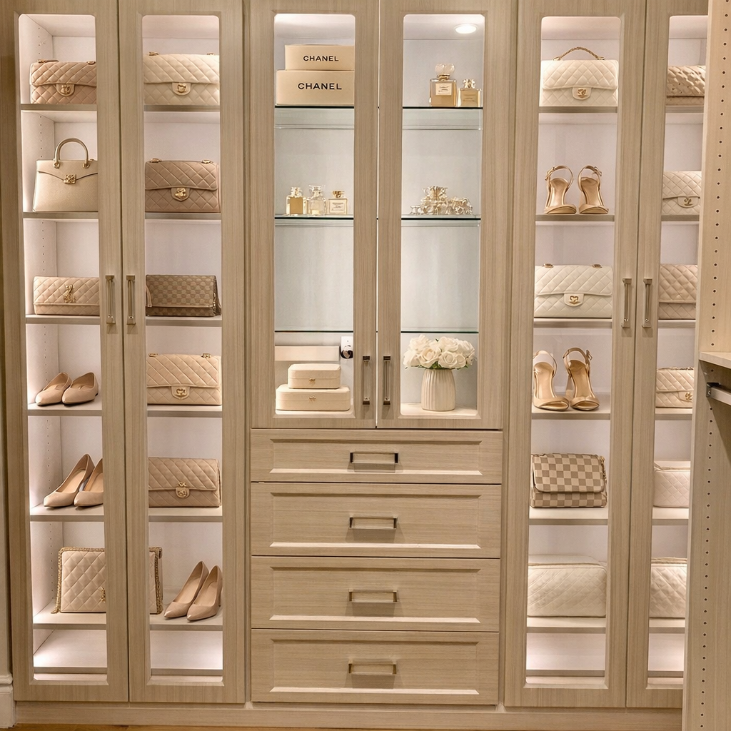 Master closet size for custom design Image of a master closet size that is fairly large.