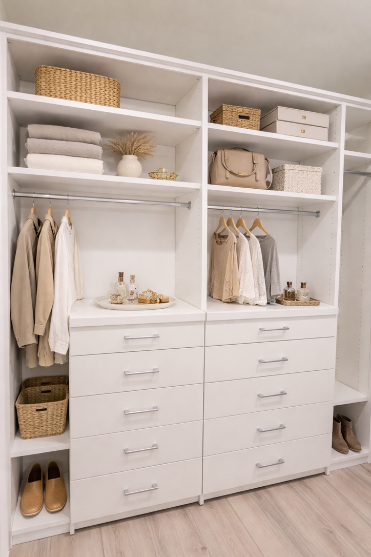 Closet designers in orange county Image of a professionally styled designer closet in Newport Beach