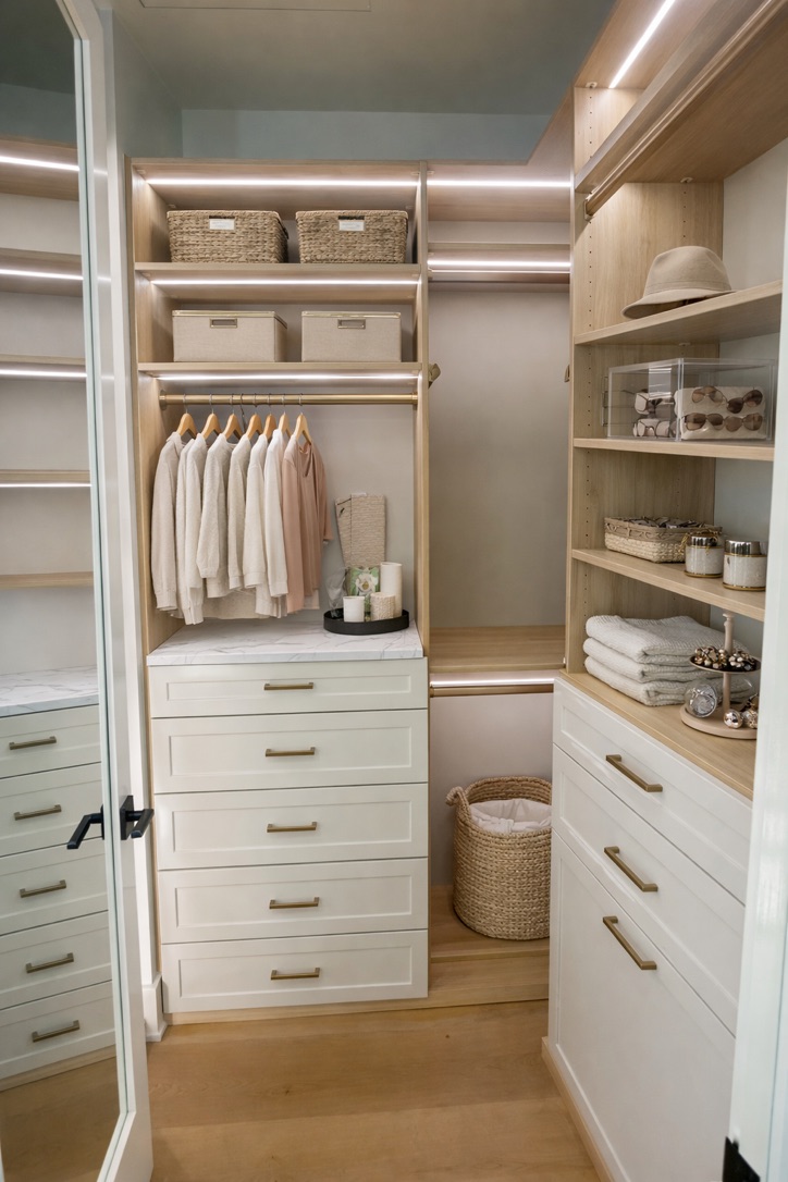 Two-toned wak-in closet Image of walk-in-closet converted from a bedroom.