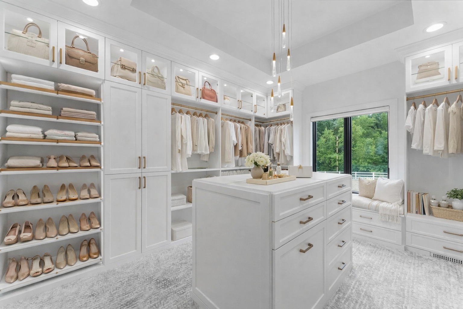 Luxury Newport Beach Closet with Closet Island Image of large custom walk-in closet with closet island and his and her closet space.