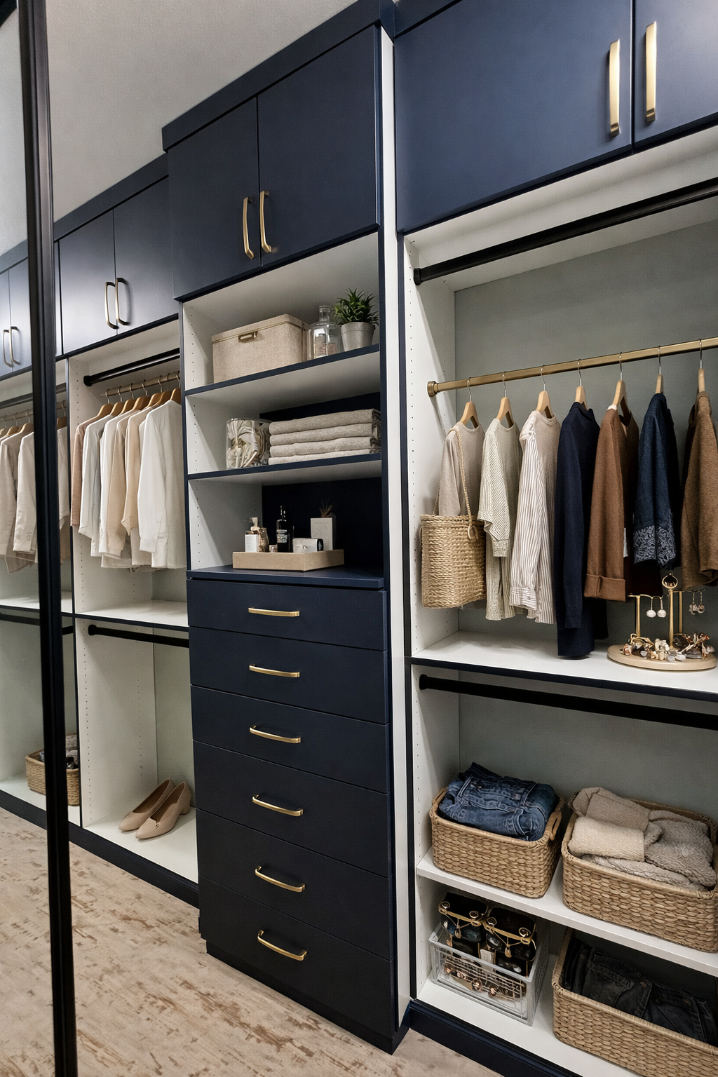 white closet with navy accents Image of wall to wall closet design.