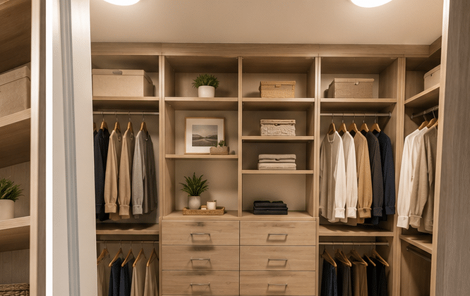 Stunning Orange County walk-in closet Image of a custom designed walk-in closet by OC Tailored Closet.
